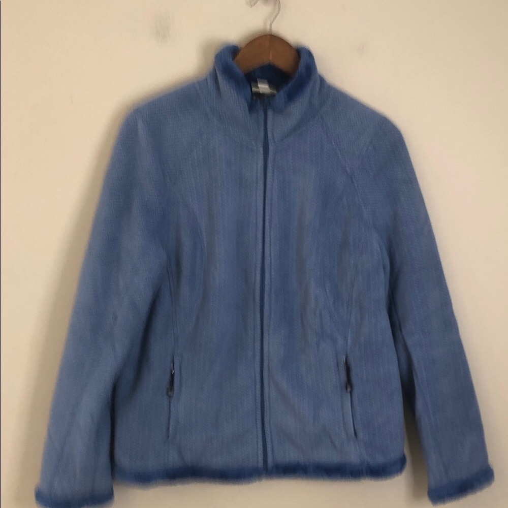 Fuda Blue Plush faux fur lined zip up jacket front zippered pockets warm SZ LG